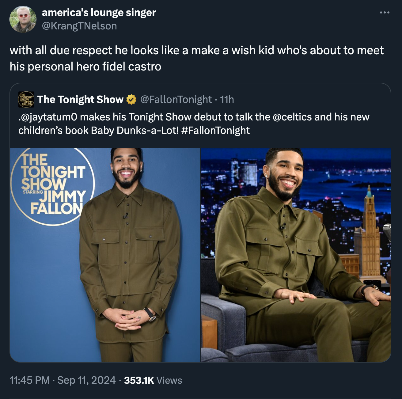 military officer - america's lounge singer with all due respect he looks a make a wish kid who's about to meet his personal hero fidel castro The Tonight Show 11h . makes his Tonight Show debut to talk the and his new children's book Baby DunksaLot! The T